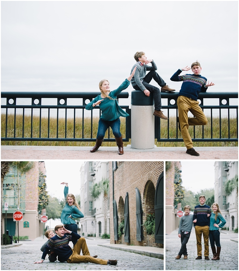 Funny sibling photo, silly sibling photo, 2 boys and a girl, Downtown Charleston family session! Photo by Aaron Nicholas Photography