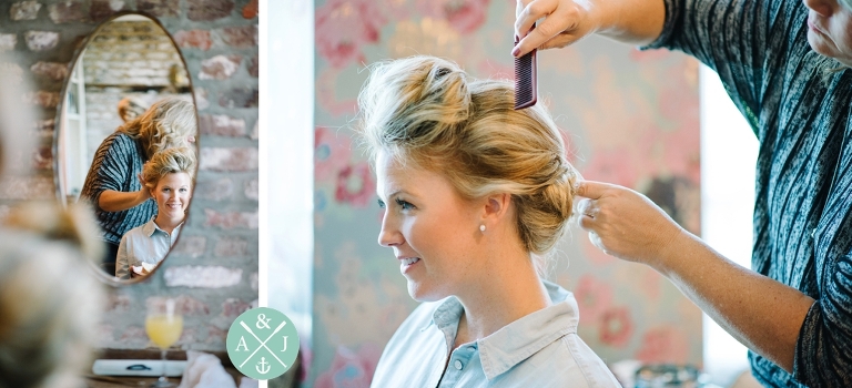 Bridal hair and makeup being done, Pink Dot Beauty Bar, creative getting ready shots for a wedding, Anna + Jon Bak's Charleston Wedding Photos by Aaron and Jillian Photography - Charleston Wedding Photographers - 1_0064